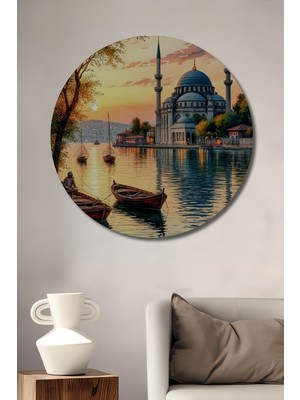 Teona Ahşap Sulu Boya Görünümlü Istanbul Boğazı Camii ve Tekne Manzaralı Ahşap Dekoratif Tablo Yuvarlak Duvar Tablosu