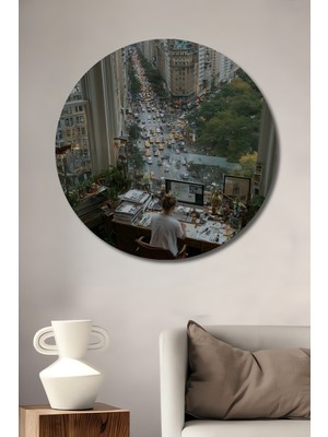 Teona Ahşap Yoğun Şehir Manzaralı Yağlı Boya Görünümlü Dekoratif Ahşap Tablo Yuvarlak Duvar Tablosu