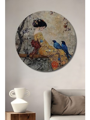 Teona Ahşap Japon Güzeli ve Mavi Kuşlar Yağlı Boya Görünümlü Ahşap Dekoratif Tablo Yuvarlak Duvar Tablosu