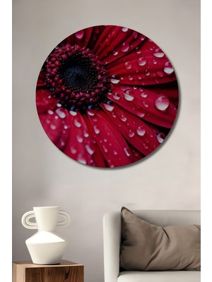 Teona Ahşap Canlı Kırmızı Gerbera Yağlı Boya Görünümlü Ahşap Dekoratif Tablo Yuvarlak Duvar Tablosu