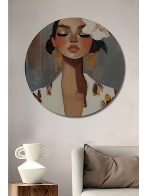 Teona Ahşap Büyüleyici Kadın Portresi Yağlı Boya Görünümlü Ahşap Dekoratif Tablo Yuvarlak Duvar Tablosu