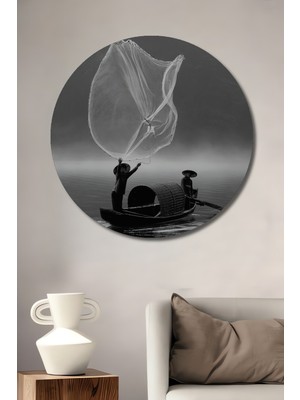Teona Ahşap Balıkçıların Ağ Atma Anı Siyah Beyaz Baskı Ahşap Dekoratif Tablo Yuvarlak Duvar Tablosu