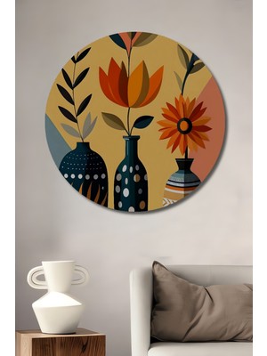 Teona Ahşap Modern Sanat Vazo Çiçek Tasarımı Ahşap Dekoratif Tablo Yuvarlak Duvar Tablosu