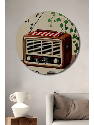 Teona Ahşap Retro Radyo ve Saksı Bitkisi Sulu Boya Görünümlü Ahşap Dekoratif Tablo Yuvarlak Duvar Tablosu