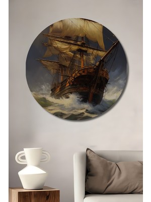Teona Ahşap Fırtınalı Denizde Yelkenli Savaş Gemisi Yağlı Boya Görünümlü Ahşap Dekoratif Tablo Yuvarlak Duvar Tablosu