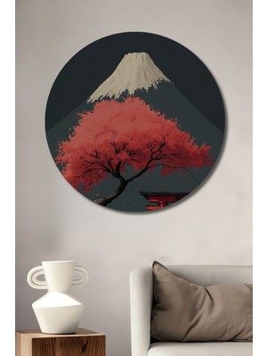 Teona Ahşap Muhteşem Fuji Dağı ve Kırmızı Torii Sanat Tablosu Ahşap Dekoratif Tablo Yuvarlak Duvar Tablosu