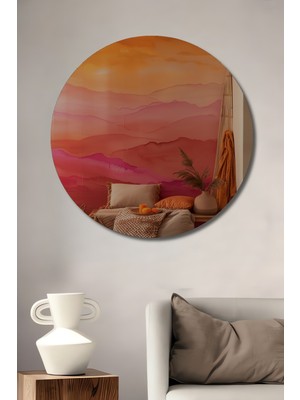 Teona Ahşap Suluboya Görünümlü Degrade Dağ Manzarası Ahşap Dekoratif Tablo Yuvarlak Duvar Tablosu