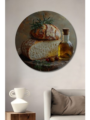 Teona Ahşap Köy Ekmeği ve Zeytinyağı Sanat Tablosu Yağlı Boya Görünümlü Dekoratif Ahşap Tablo Yuvarlak Duvar Tablosu