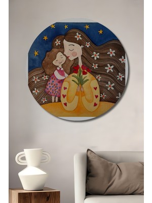 Teona Ahşap Anne ve Kızının Sevgi Dolu Anı Sulu Boya Görünümlü Ahşap Dekoratif Tablo Yuvarlak Duvar Tablosu
