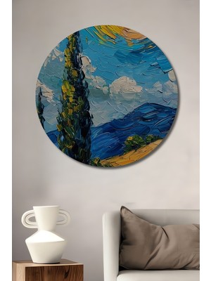 Teona Ahşap Van Gogh Yıldızlı Gece Görünümlü Yağlı Boya Ahşap Dekoratif Tablo Yuvarlak Duvar Tablosu