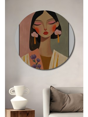 Teona Ahşap Bahar Çiçekli Kadın Portresi Yağlı Boya Görünümlü Dekoratif Ahşap Tablo Yuvarlak Duvar Tablosu