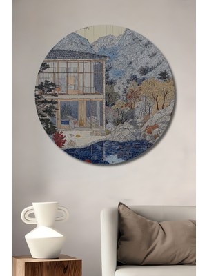 Teona Ahşap Modern Sanat Ev ve Gölet Ahşap Dekoratif Tablo Yuvarlak Duvar Tablosu