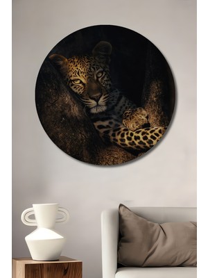Teona Ahşap Leopar Ağaç Dalında Yağlı Boya Görünümlü Dekoratif Ahşap Tablo Yuvarlak Duvar Tablosu