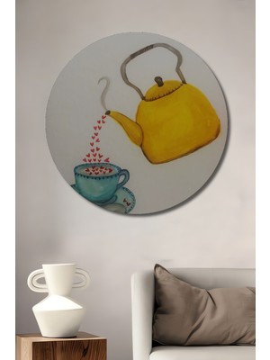 Teona Ahşap Kalpli Çay Demliği Sulu Boya Görünümlü Ahşap Dekoratif Tablo Yuvarlak Duvar Tablosu