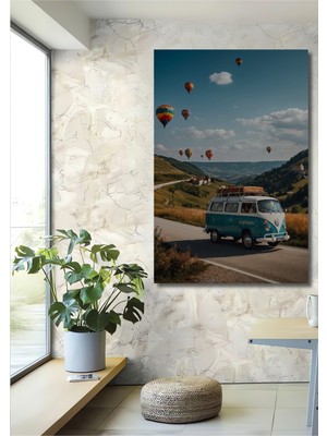 Teona Ahşap Vintage Vosvos Sıcak Hava Balonu Yolculuğu Yağlı Boya Görünümlü Ahşap Dekoratif Tablo