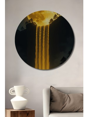 Teona Ahşap Altın Ay Işığı Şelalesi Görünümlü Ahşap Dekoratif Tablo Yuvarlak Duvar Tablosu