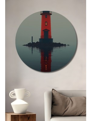 Teona Ahşap Kırmızı Deniz Feneri Minimalist Yağlı Boya Görünümlü Ahşap Dekoratif Tablo Yuvarlak Duvar Tablosu
