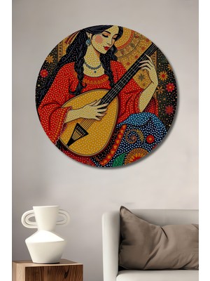 Teona Ahşap Bohem Sanatçı Kadın Gitar ve Çiçek Desenli Ahşap Dekoratif Tablo Yuvarlak Duvar Tablosu