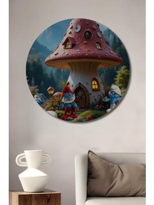 Teona Ahşap Smurf Köyü Masalsı Yağlı Boya Görünümlü Ahşap Dekoratif Tablo Yuvarlak Duvar Tablosu