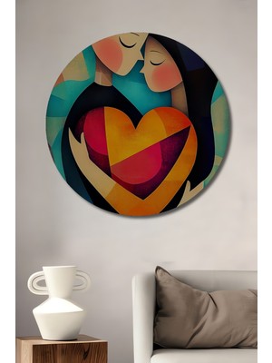 Teona Ahşap Aşkın Kalbinden Soyut Bir Öpücük Dekoratif Ahşap Tablo Yuvarlak Duvar Tablosu
