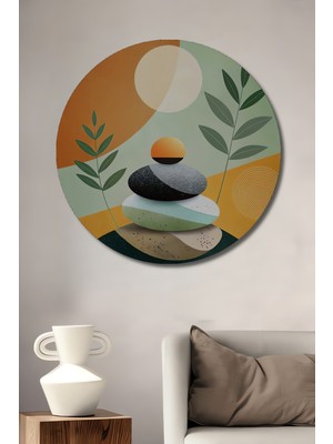 Teona Ahşap Modern Sanat Denge Taşları Sulu Boya Görünümlü Ahşap Dekoratif Tablo Yuvarlak Duvar Tablosu