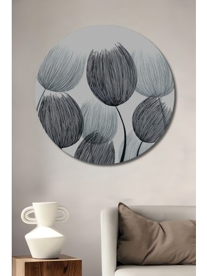 Teona Ahşap Karakalem Soyut Çiçekler Ahşap Dekoratif Tablo Yuvarlak Duvar Tablosu