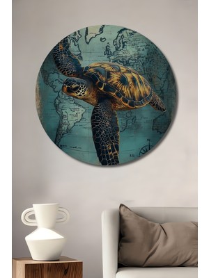 Teona Ahşap Büyük Kaplumbağa Dünya Haritası Yağlı Boya Görünümlü Dekoratif Ahşap Tablo Yuvarlak Duvar Tablosu