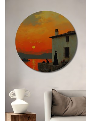 Teona Ahşap Gün Batımı Silüeti Kedi ve Kadın Yağlı Boya Görünümlü Ahşap Dekoratif Tablo Yuvarlak Duvar Tablosu