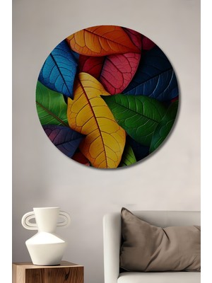 Teona Ahşap Sonbahar Yaprakları Yağlı Boya Görünümlü Ahşap Tablo Yuvarlak Duvar Tablosu