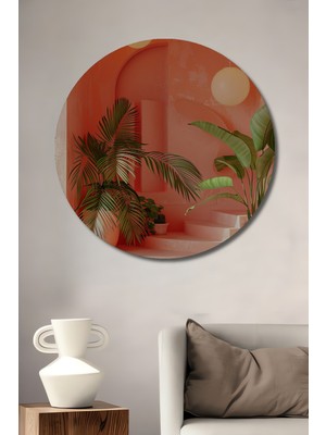 Teona Ahşap Tropik Bahçe Merdiveni Sulu Boya Görünümlü Dekoratif Ahşap Tablo Yuvarlak Duvar Tablosu