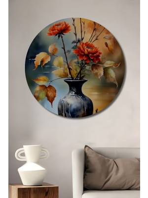 Teona Ahşap Portre Çiçekli Vazo ve Meyveler Sulu Boya Görünümlü Dekoratif Ahşap Tablo Yuvarlak Duvar Tablosu