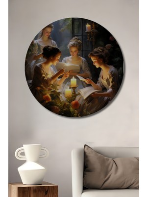Teona Ahşap Antik Çağ Güzelleri Mum Işığında Okuma Sulu Boya Görünümlü Ahşap Dekoratif Tablo Yuvarlak Duvar Tablosu