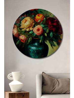 Teona Ahşap Muhteşem Yağlı Boya Görünümlü Vazo Içinde Çiçek Buketi Ahşap Dekoratif Tablo Yuvarlak Duvar Tablosu