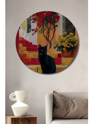 Teona Ahşap Siyah Kedi ve Renkli Merdivenler Yağlı Boya Görünümlü Dekoratif Ahşap Tablo Yuvarlak Duvar Tablosu