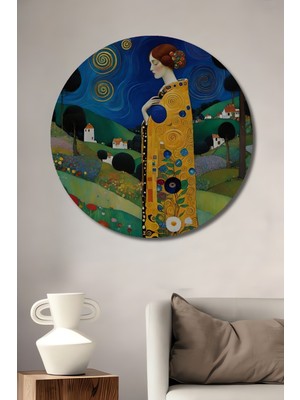 Teona Ahşap Gustav Klimt Tarzı Soyut Kadın ve Doğa Yağlı Boya Görünümlü Dekoratif Ahşap Tablo Yuvarlak Duvar Tablosu