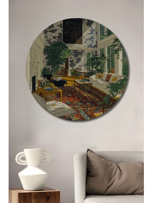 Teona Ahşap Bohem Sanat Evi Canlı Çiçekli Manzara Yağlı Boya Görünümlü Ahşap Dekoratif Tablo Yuvarlak Duvar Tablosu