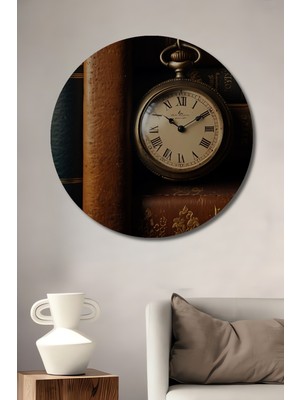 Teona Ahşap Antika Cep Saati Yağlı Boya Görünümlü Ahşap Dekoratif Tablo Yuvarlak Duvar Tablosu