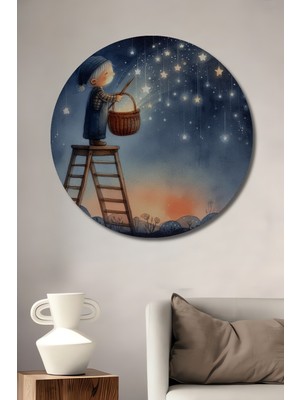 Teona Ahşap Yıldız Toplayan Çocuk Sulu Boya Görünümlü Ahşap Tablo Dekoratif Sanat Yuvarlak Duvar Tablosu