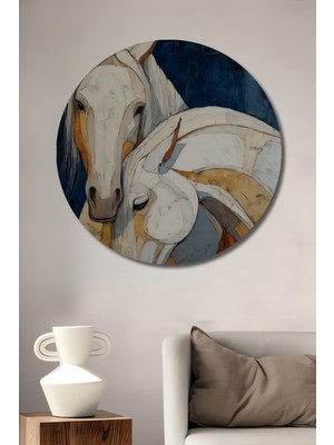 Teona Ahşap Beyaz Atlar Aşkı Yağlı Boya Görünümlü Ahşap Dekoratif Tablo Yuvarlak Duvar Tablosu