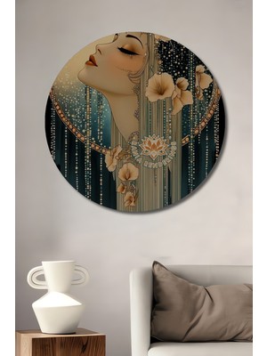 Teona Ahşap Sanat Akımı Art Deco Kadın Temalı Suluboya Görünümlü Ahşap Tablo Yuvarlak Duvar Tablosu