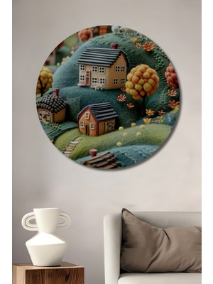 Teona Ahşap Büyülü Kasaba Manzarası Suluboya Görünümlü Dekoratif Ahşap Tablo Yuvarlak Duvar Tablosu