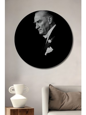 Teona Ahşap Gazi Mustafa Kemal Atatürk Siyah Beyaz Fotoğraf Sanat Dekoratif Ahşap Tablo Yuvarlak Duvar Tablosu