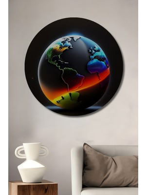 Teona Ahşap Renkli Dünya Gezegeni Yağlı Boya Görünümlü Ahşap Dekoratif Tablo Yuvarlak Duvar Tablosu