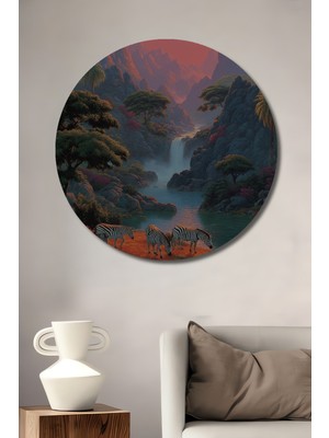 Teona Ahşap Afrika Savanası Gün Batımı Zebra Sürüsü Yağlı Boya Görünümlü Dekoratif Ahşap Tablo Yuvarlak Duvar Tablosu