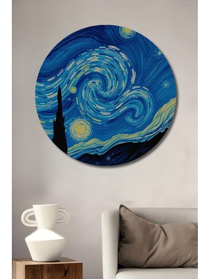 Teona Ahşap Yıldızlı Gece Van Gogh Esinli Soyut Sanat Ahşap Dekoratif Tablo Yuvarlak Duvar Tablosu