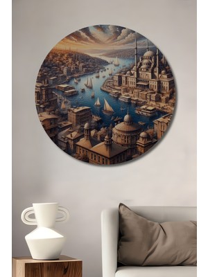 Teona Ahşap Istanbul Boğazı Yelkenli Tekne Manzarası Yağlı Boya Görünümlü Ahşap Dekoratif Tablo Yuvarlak Duvar Tablosu