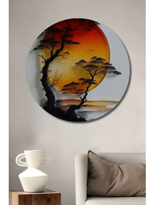 Teona Ahşap Gün Batımı Ağaçları Modern Sanat Ahşap Dekoratif Tablo Yuvarlak Duvar Tablosu