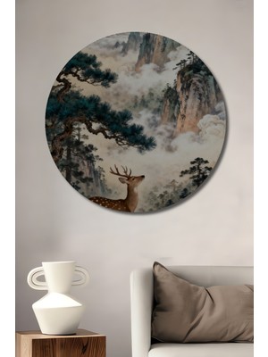 Teona Ahşap Doğal Orman Geyikleri ve Dolunay Manzarası Yağlı Boya Görünümlü Dekoratif Ahşap Tablo Yuvarlak Duvar Tablosu