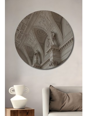 Teona Ahşap Antik Barok Tavan Heykel Detayları Yağlı Boya Görünümlü Dekoratif Ahşap Tablo Yuvarlak Duvar Tablosu