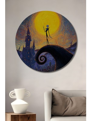 Teona Ahşap Jack Skellington Gece Yıldızlı Soyut Sanat Yağlı Boya Görünümlü Ahşap Dekoratif Tablo Yuvarlak Duvar Tablosu